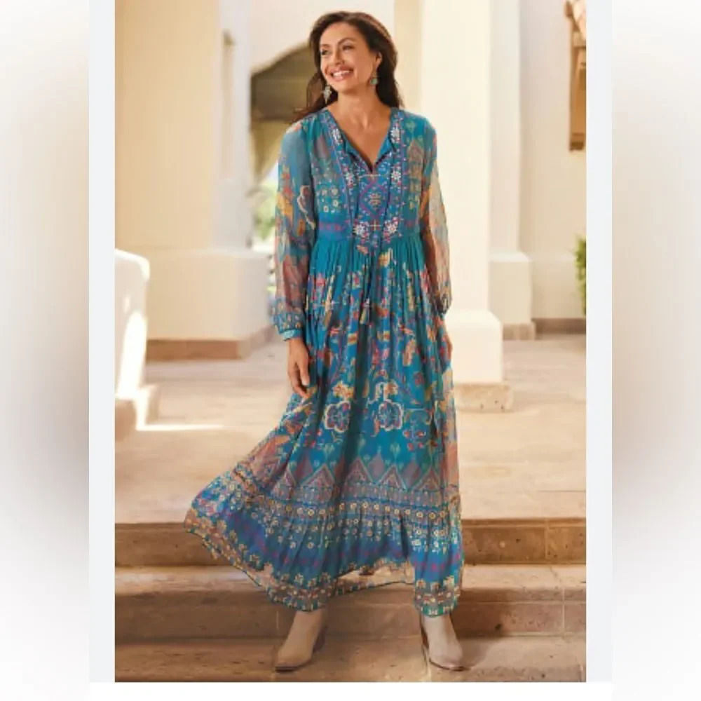 NWT Soft Surroundings Blue Mirapani Chiffon Boho Embroidered Maxi Boho Dress XS
